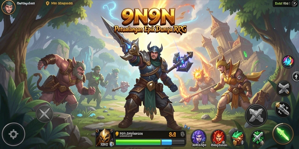 Antarmuka pengguna 9N9N yang menarik dengan karakter RPG yang dinamis.